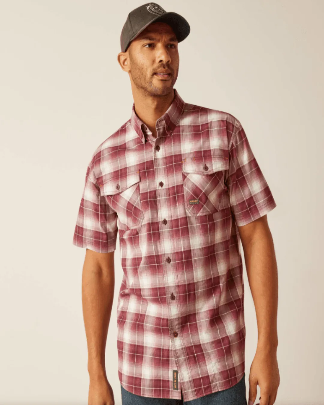 Ariat Men’s Rebar Made Tough Roan Rouge Plaid DuraStretch Button Short Sleeve Work Shirt 10048892