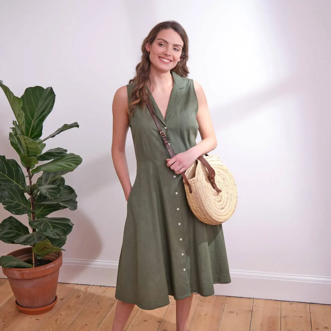 Aubrey Cotton & Linen Sleeveless Linen Shirt Dress | Olive