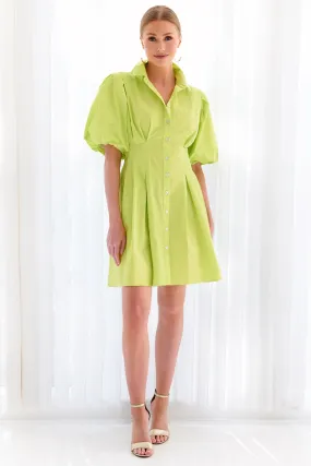 Avery Tucked Waist Neon Lime Shirt Dress Techy Taffeta