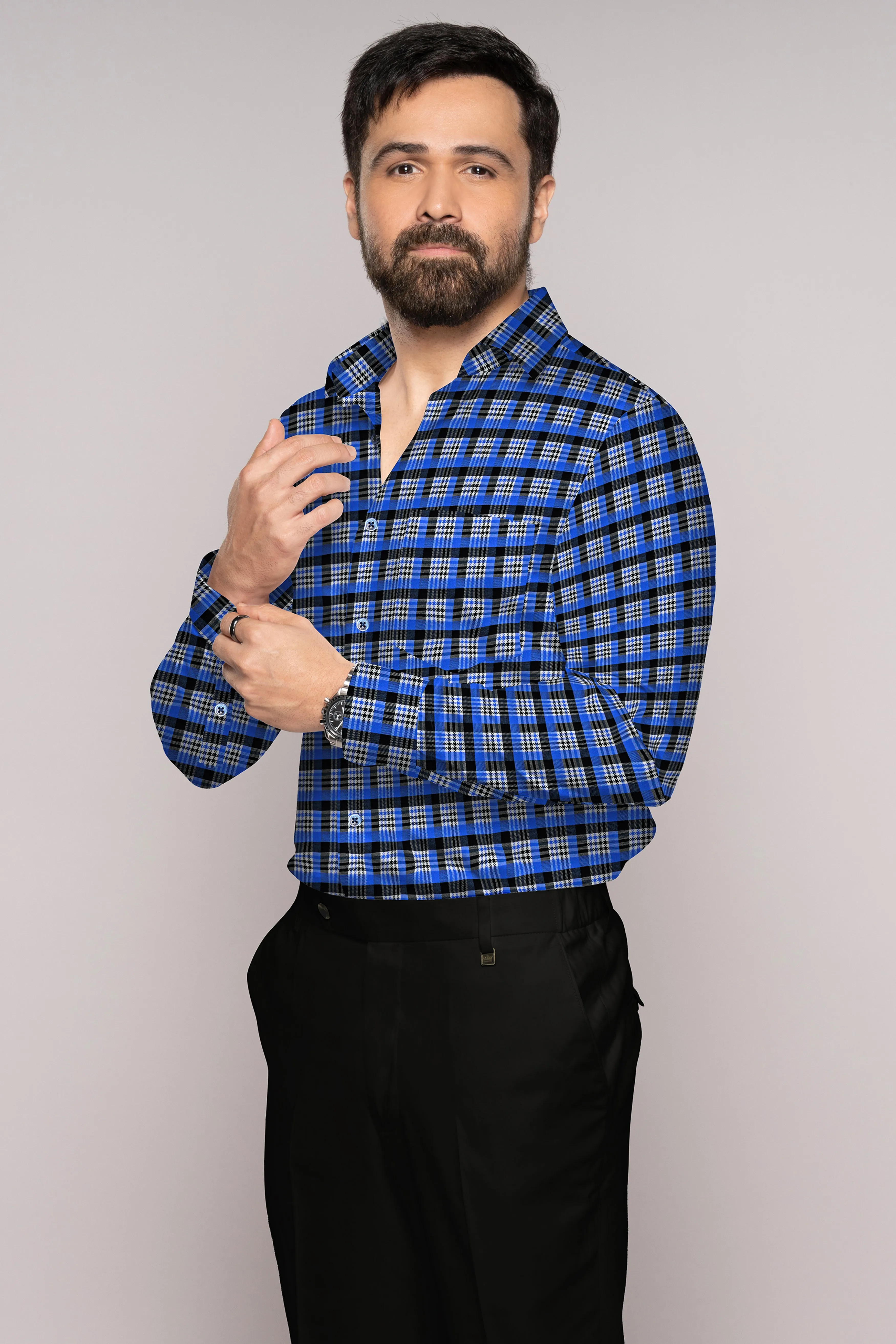 Azul Blue and Black Checkered Houndstooth Shirt