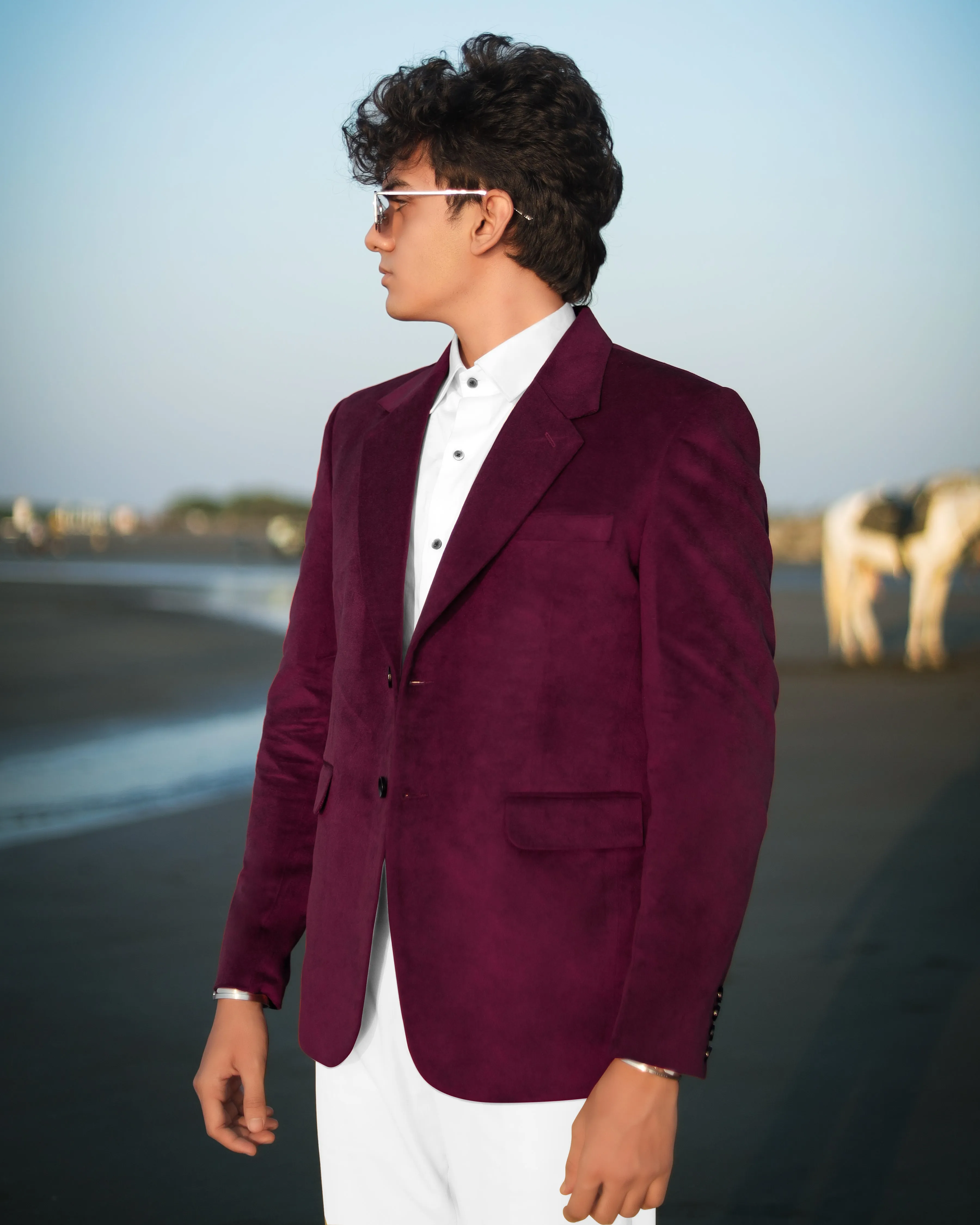 Barossa Maroon Single Breasted Velvet Designer Blazer