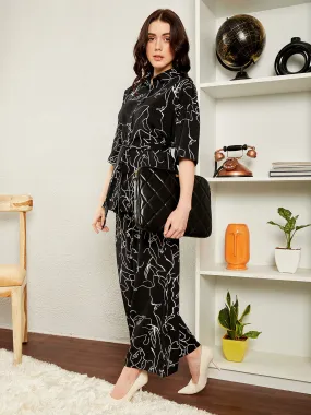 Berrylush BIZwear Women Black & White Abstract Printed Shirt Collar Neck Tie-Up Belted Top & Wide Leg Pants Set