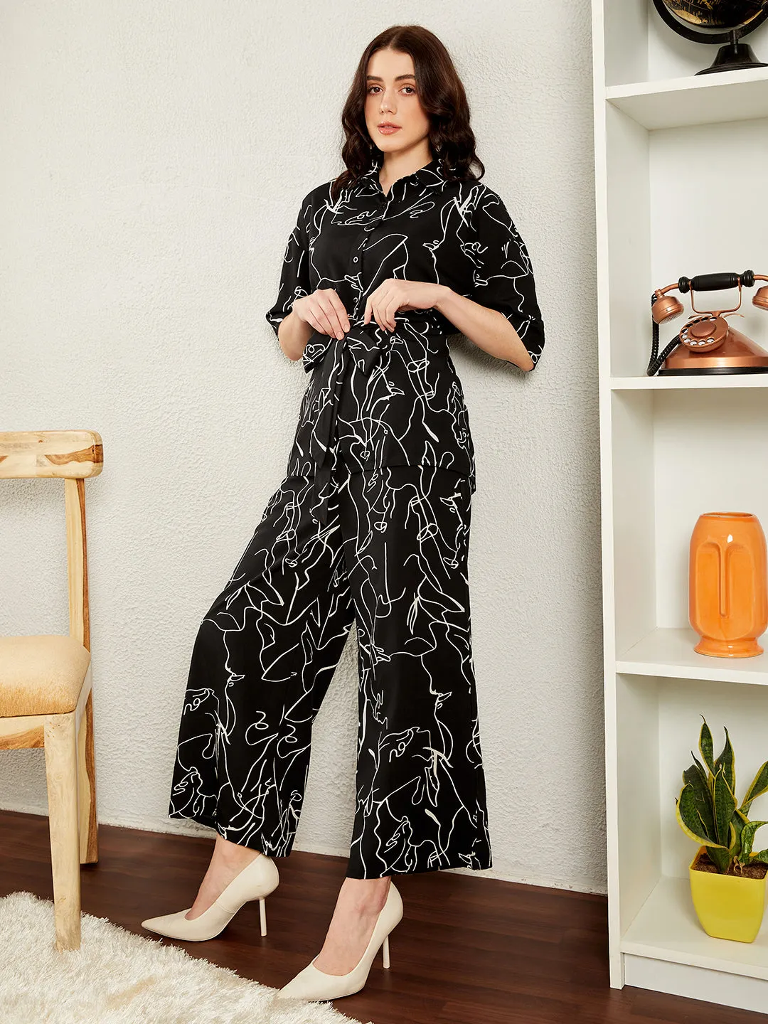 Berrylush BIZwear Women Black & White Abstract Printed Shirt Collar Neck Tie-Up Belted Top & Wide Leg Pants Set