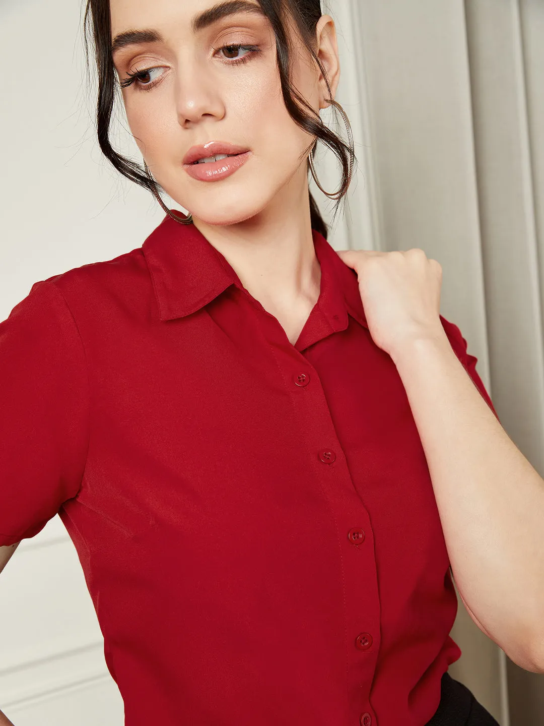 Berrylush BIZwear Women Solid Red Spread Collar Neck Front Button Curved Hem Regular Shirt