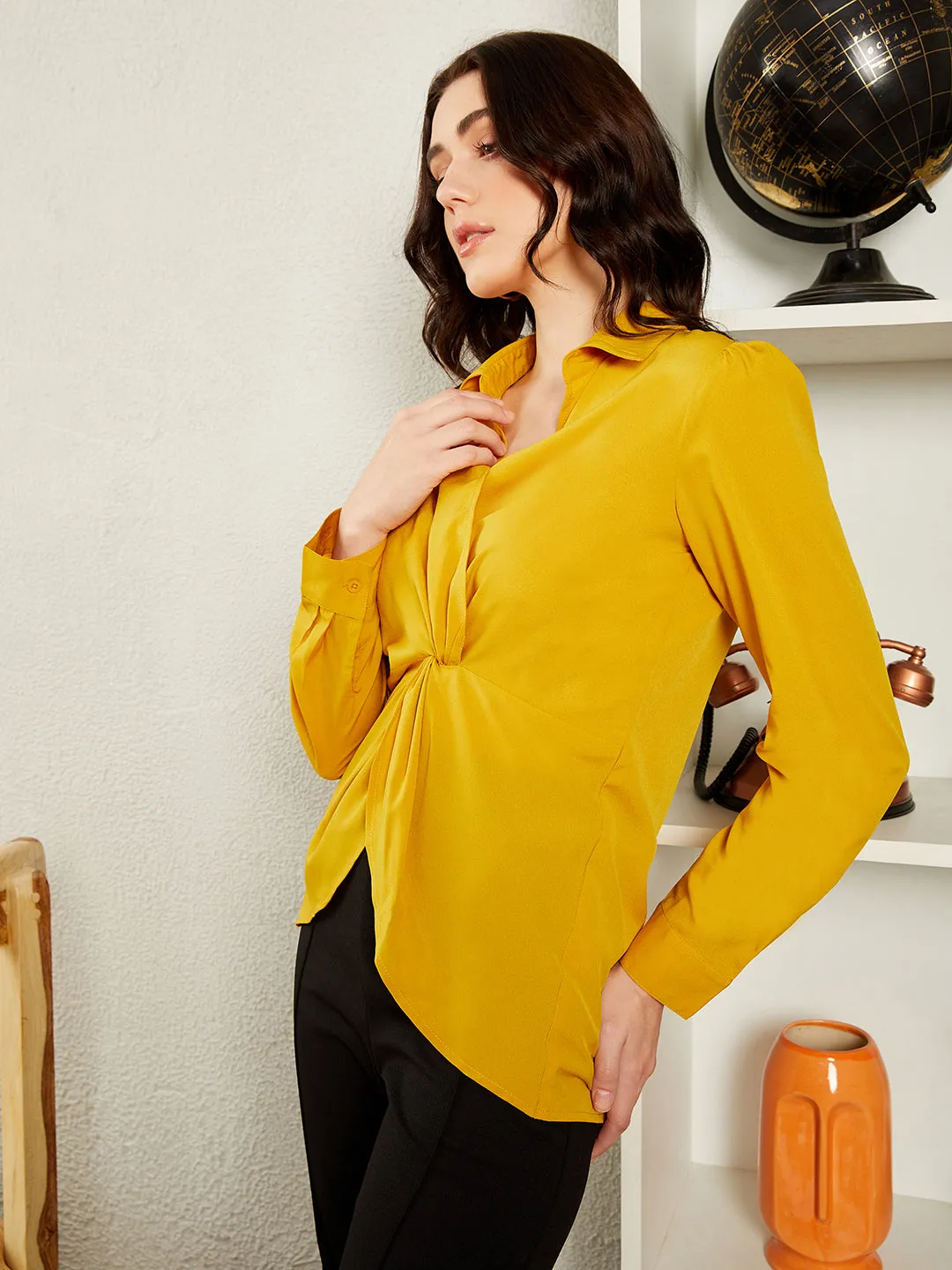 Berrylush BIZwear Women Solid Yellow Shirt Collar Neck Cuffed Sleeve Asymmetrical Hem Twisted Regular Top