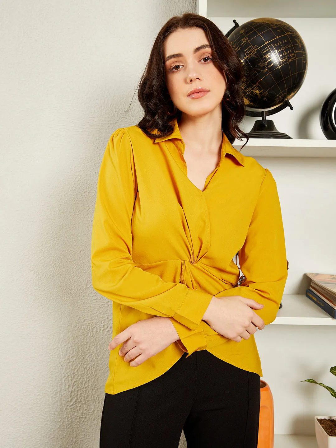 Berrylush BIZwear Women Solid Yellow Shirt Collar Neck Cuffed Sleeve Asymmetrical Hem Twisted Regular Top