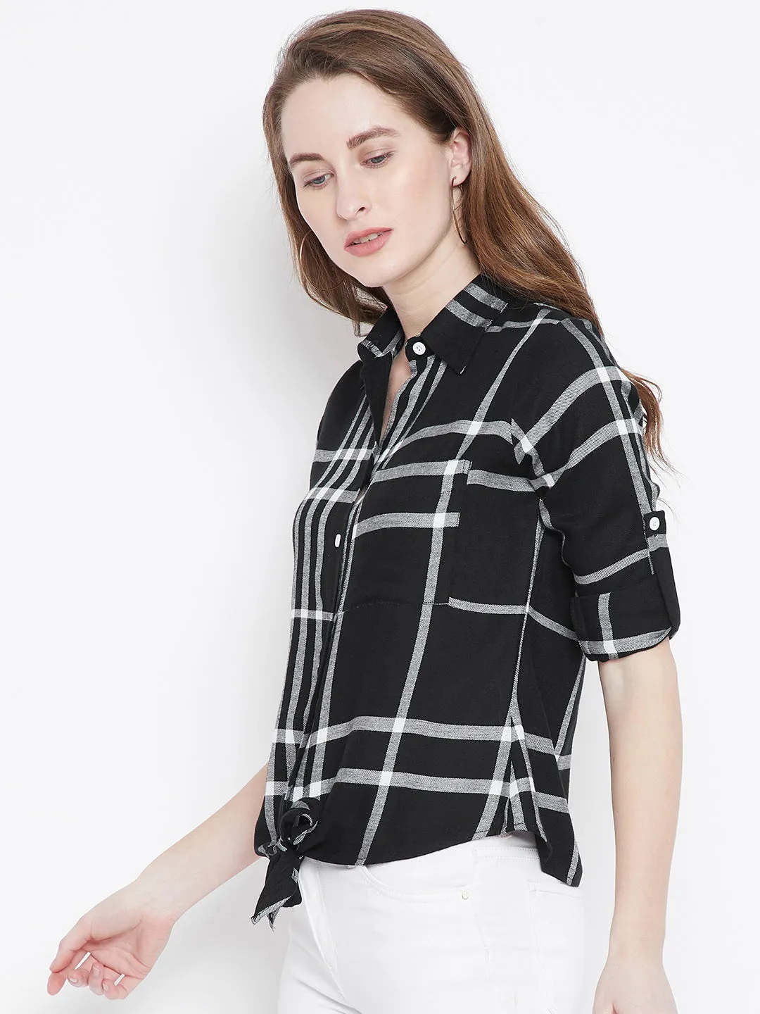 Berrylush Women Black & White Check Patterned Collar-Neck Shirt Style Top