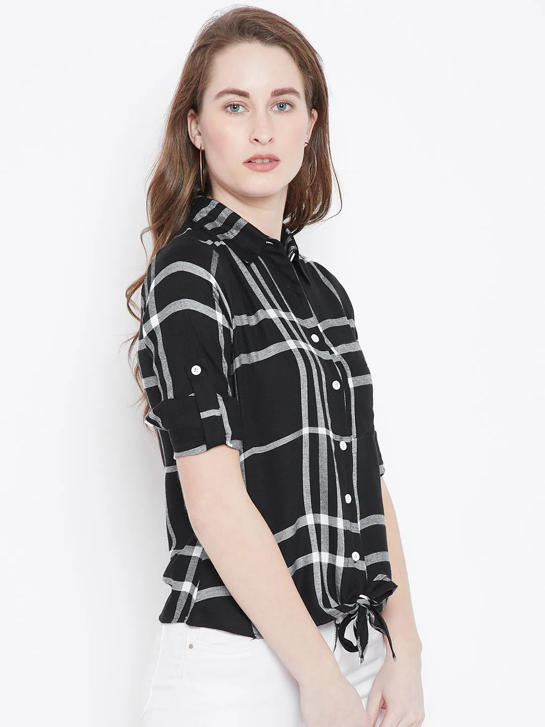 Berrylush Women Black & White Check Patterned Collar-Neck Shirt Style Top