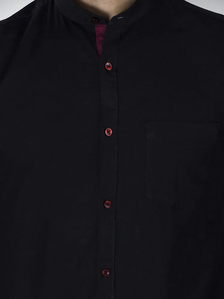 Black Formal Shirt - Black Solid Linen Formal Men Shirt