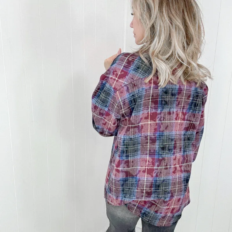 Burgundy and Navy Plaid Flannel Button Down Shirt