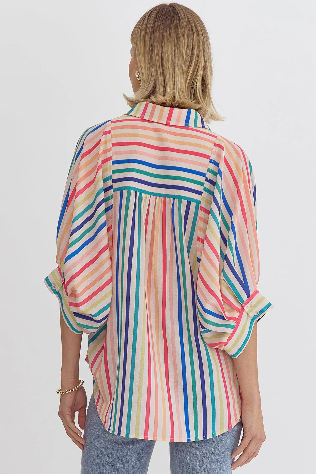 Button Down Multicolor Striped Collared Top