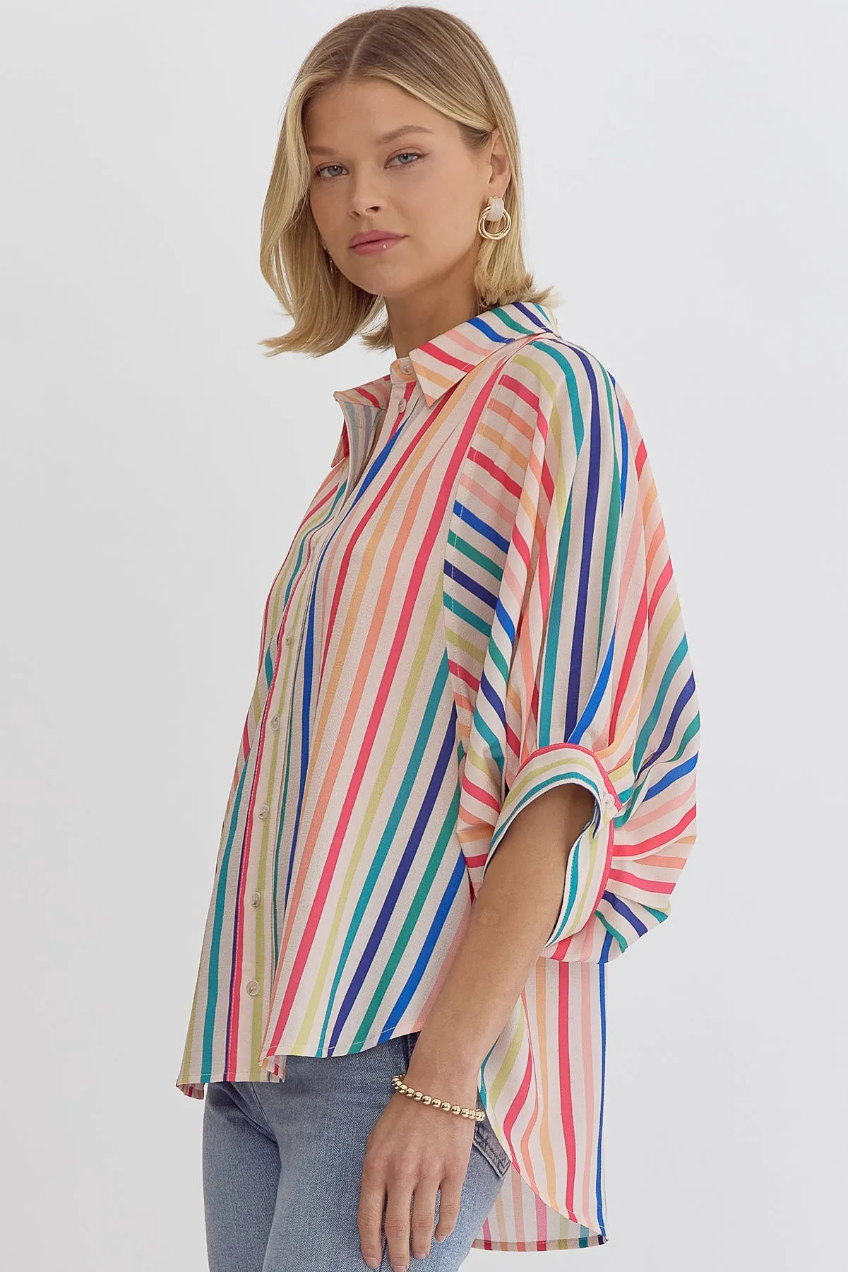 Button Down Multicolor Striped Collared Top