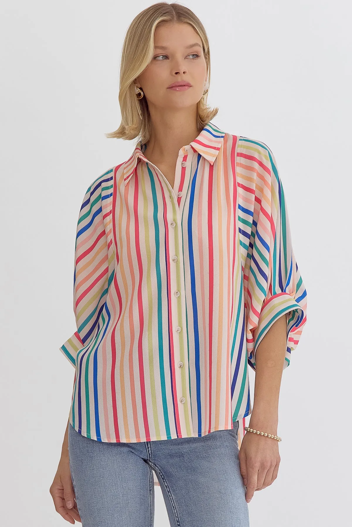 Button Down Multicolor Striped Collared Top