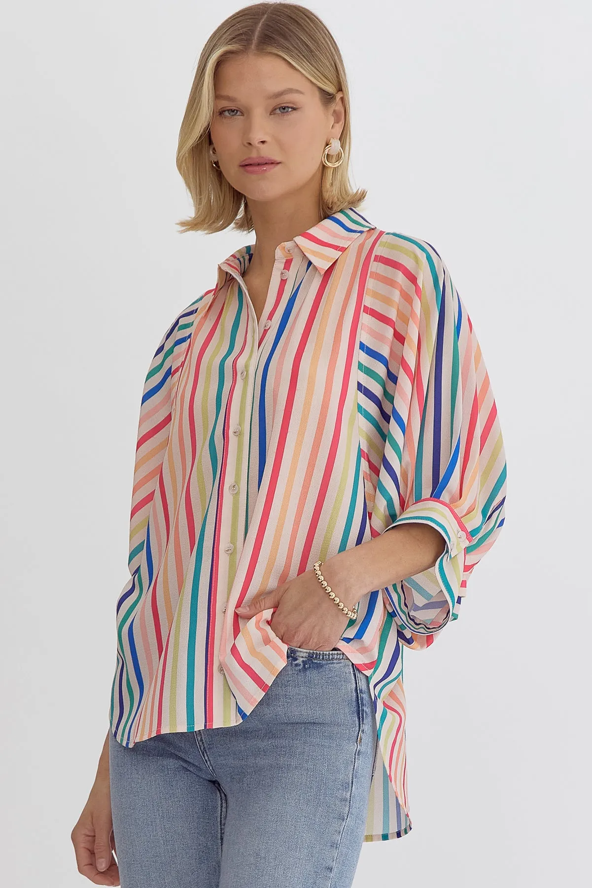 Button Down Multicolor Striped Collared Top