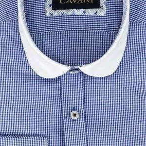 Cavani Men's Penny Round Collar Royal Blue Gingham Check Formal Peaky Blinders Shirt