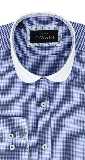 Cavani Men's Penny Round Collar Royal Blue Gingham Check Formal Peaky Blinders Shirt