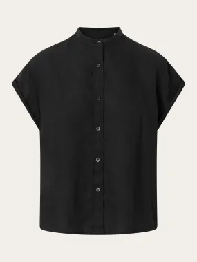 Collar stand short sleeve linen shirt - Black Jet