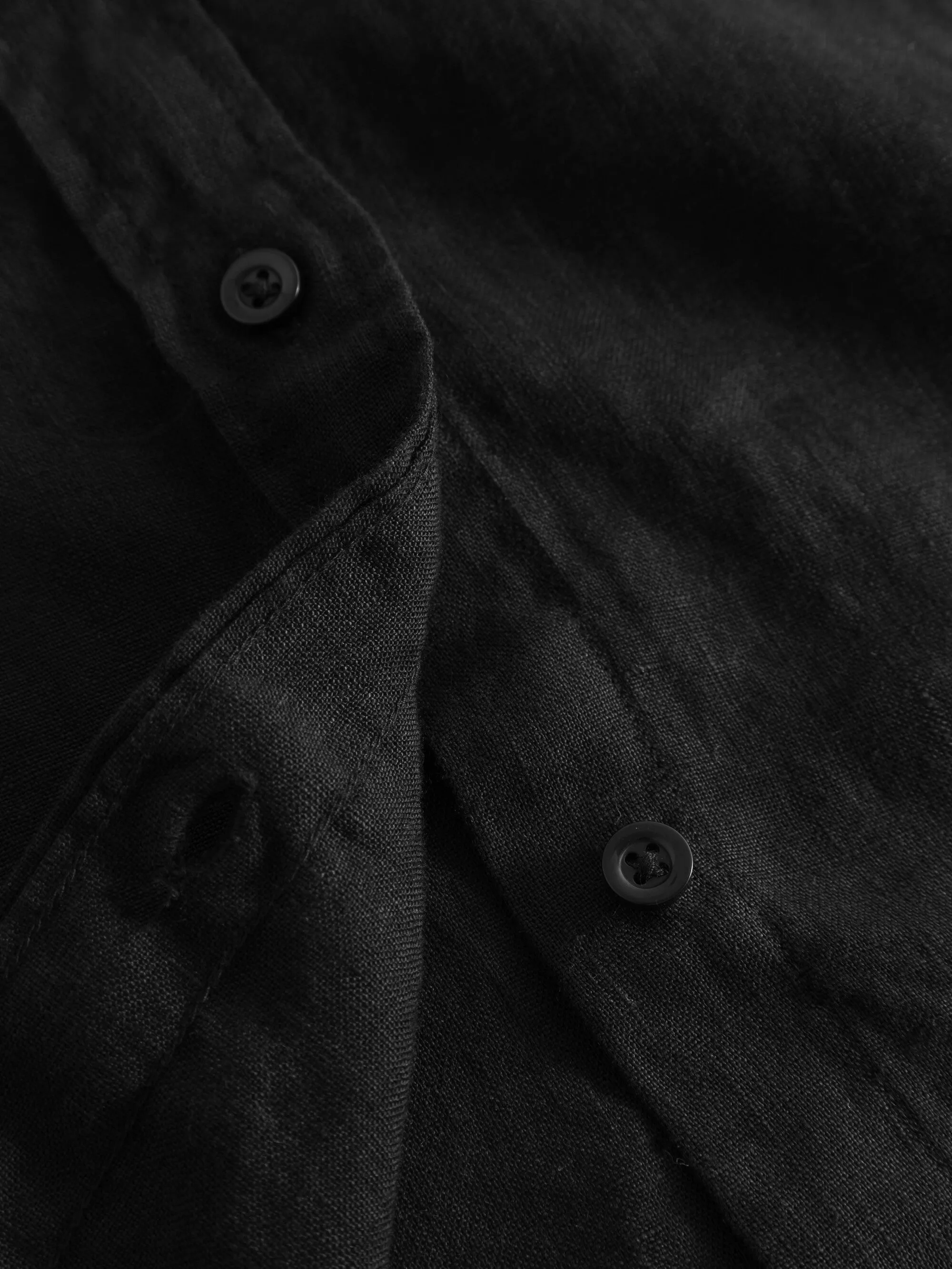 Collar stand short sleeve linen shirt - Black Jet