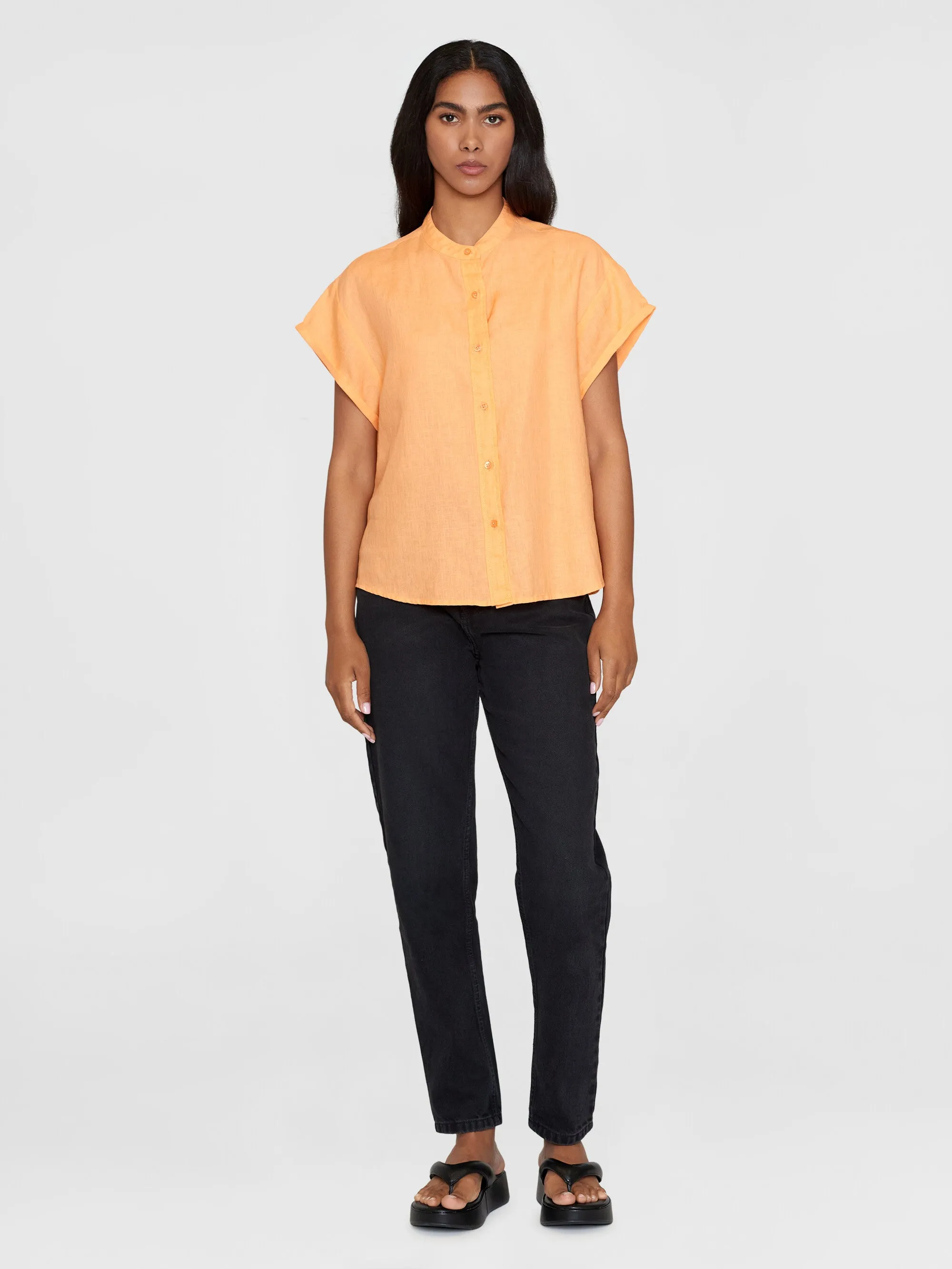 Collar stand short sleeve linen shirt - Cadmium Orange