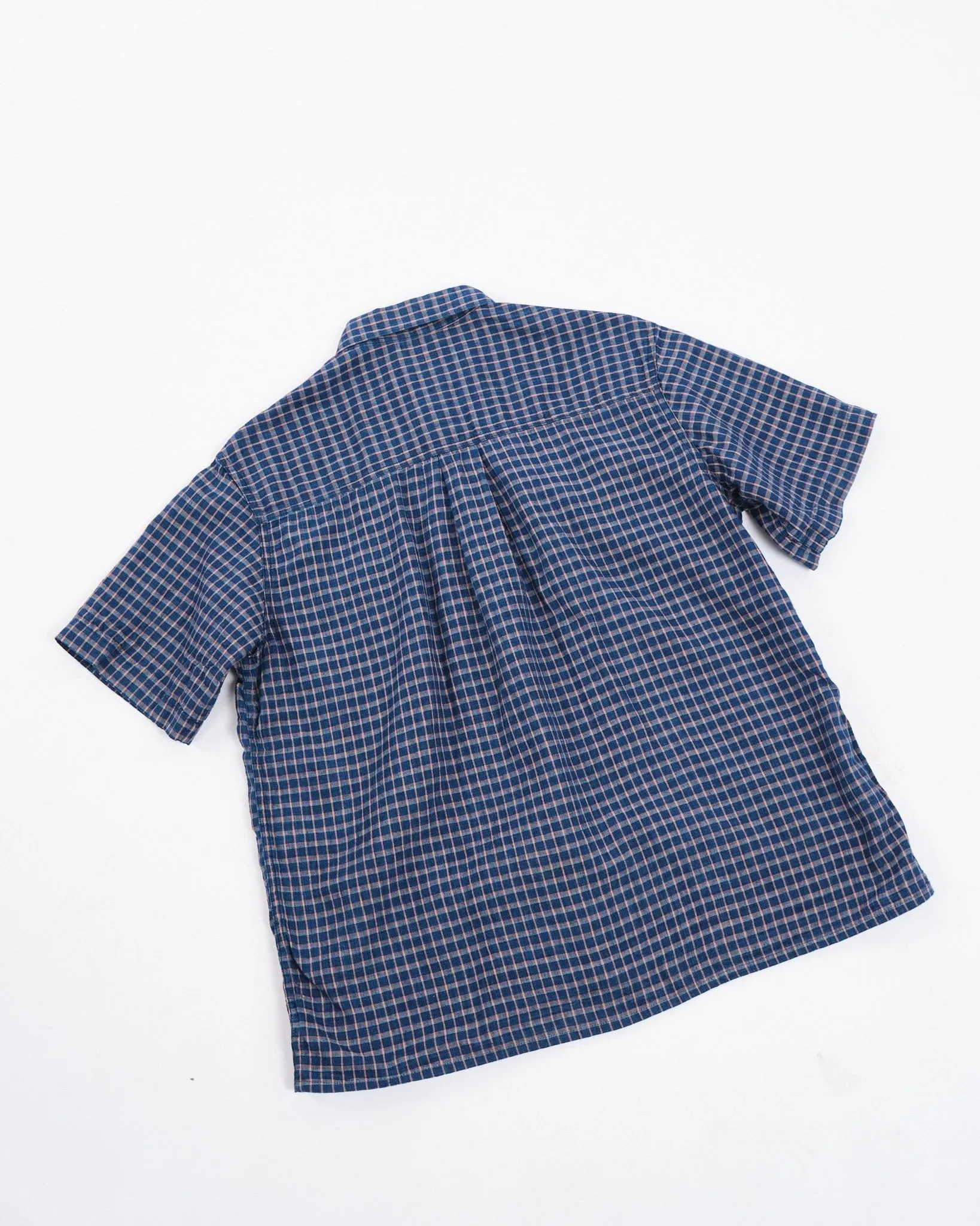 COTTON LINEN LOOSE FIT SHORT SLEEVE SHIRT INDIGO CHECK