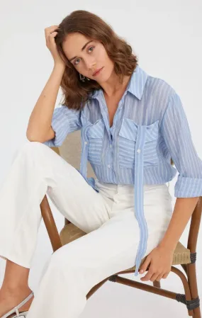 Cotton Stripe Crop Shirt - Light Blue