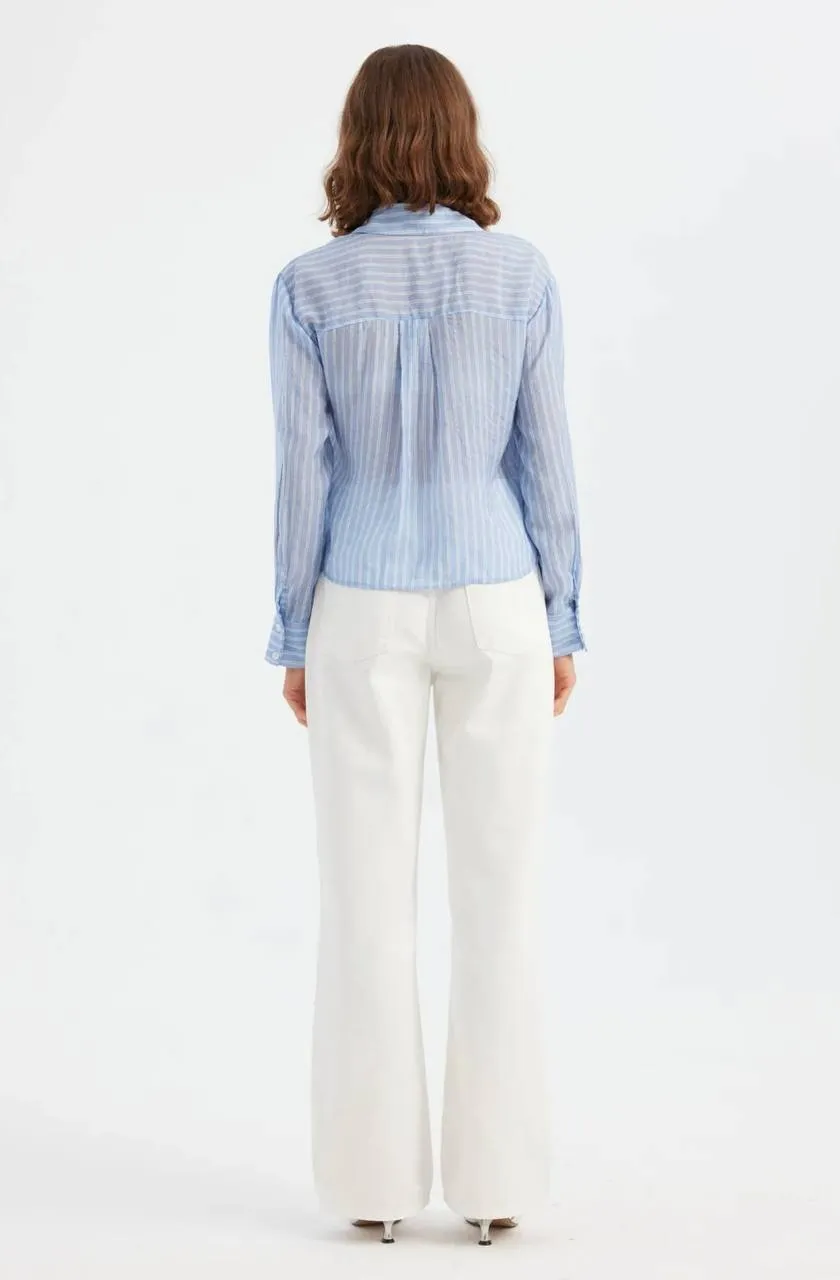 Cotton Stripe Crop Shirt - Light Blue