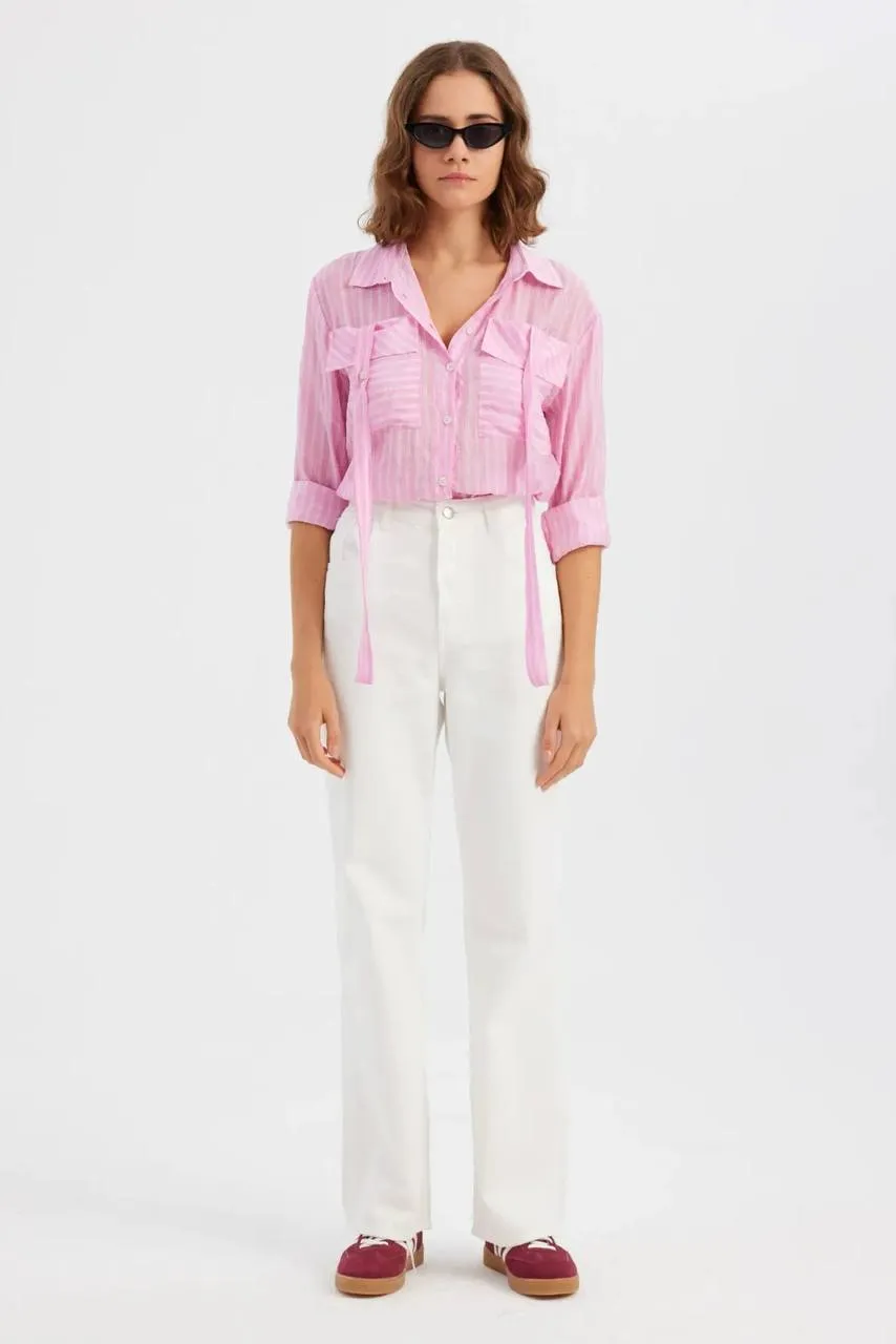 Cotton Stripe Crop Shirt - pink