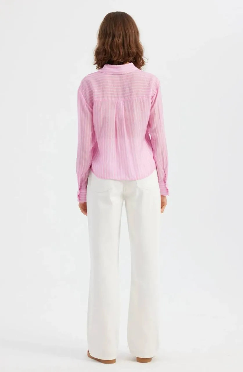 Cotton Stripe Crop Shirt - pink