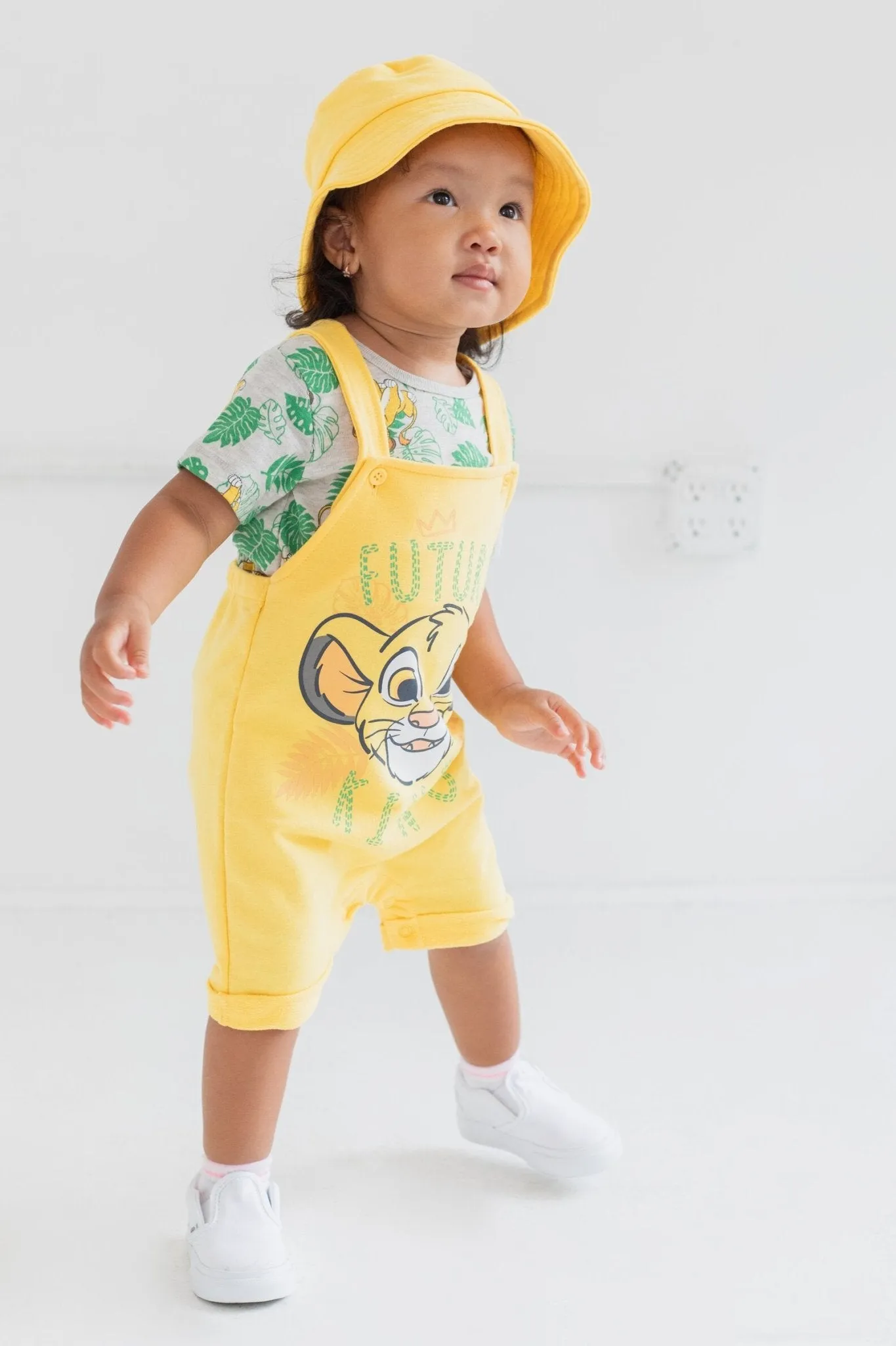 Disney Lion King Simba French Terry Short Overalls T-Shirt and Hat 3 Piece Outfit Set