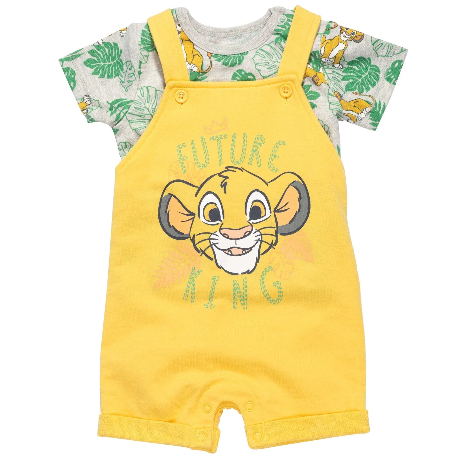 Disney Lion King Simba French Terry Short Overalls T-Shirt and Hat 3 Piece Outfit Set