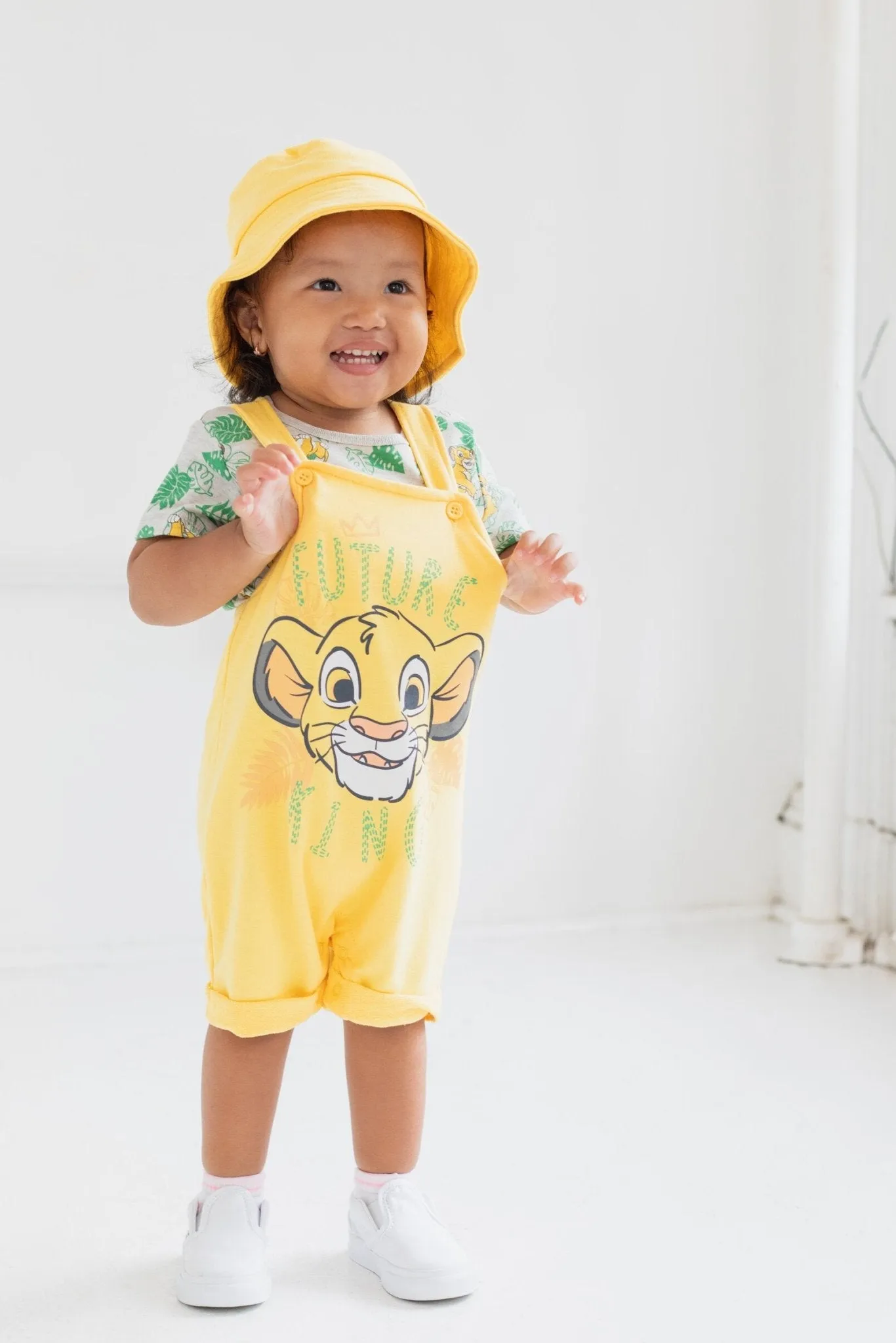 Disney Lion King Simba French Terry Short Overalls T-Shirt and Hat 3 Piece Outfit Set