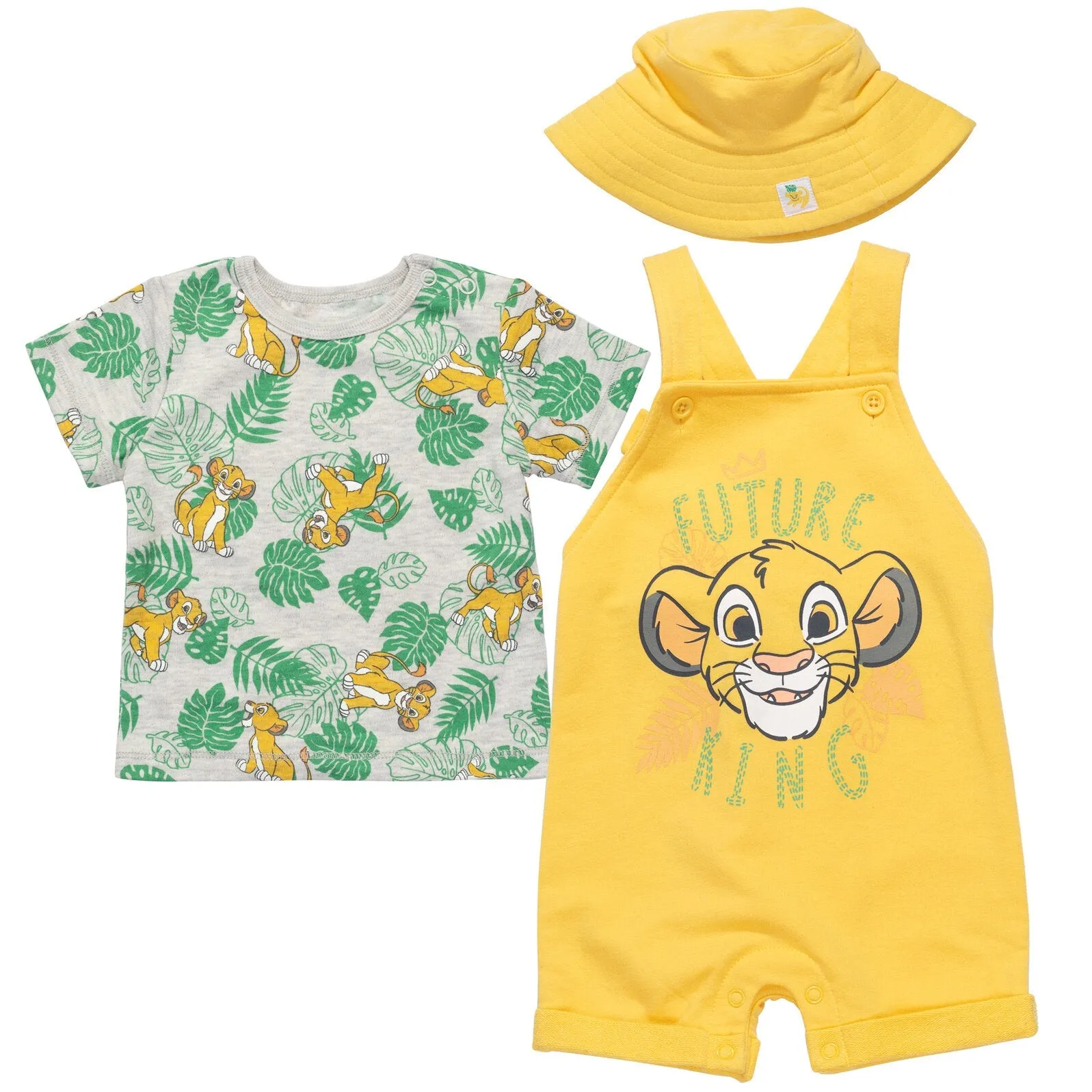 Disney Lion King Simba French Terry Short Overalls T-Shirt and Hat 3 Piece Outfit Set