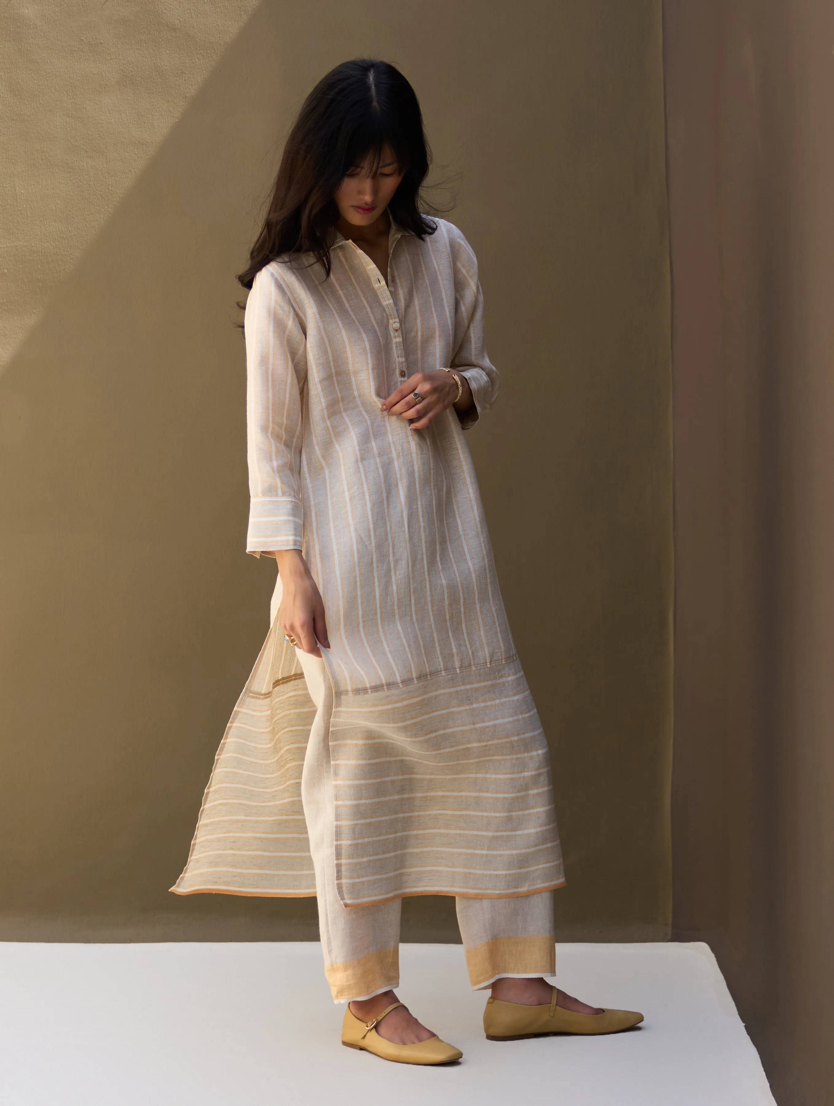 Eben Stripe Linen Shirt Kurta - Natural