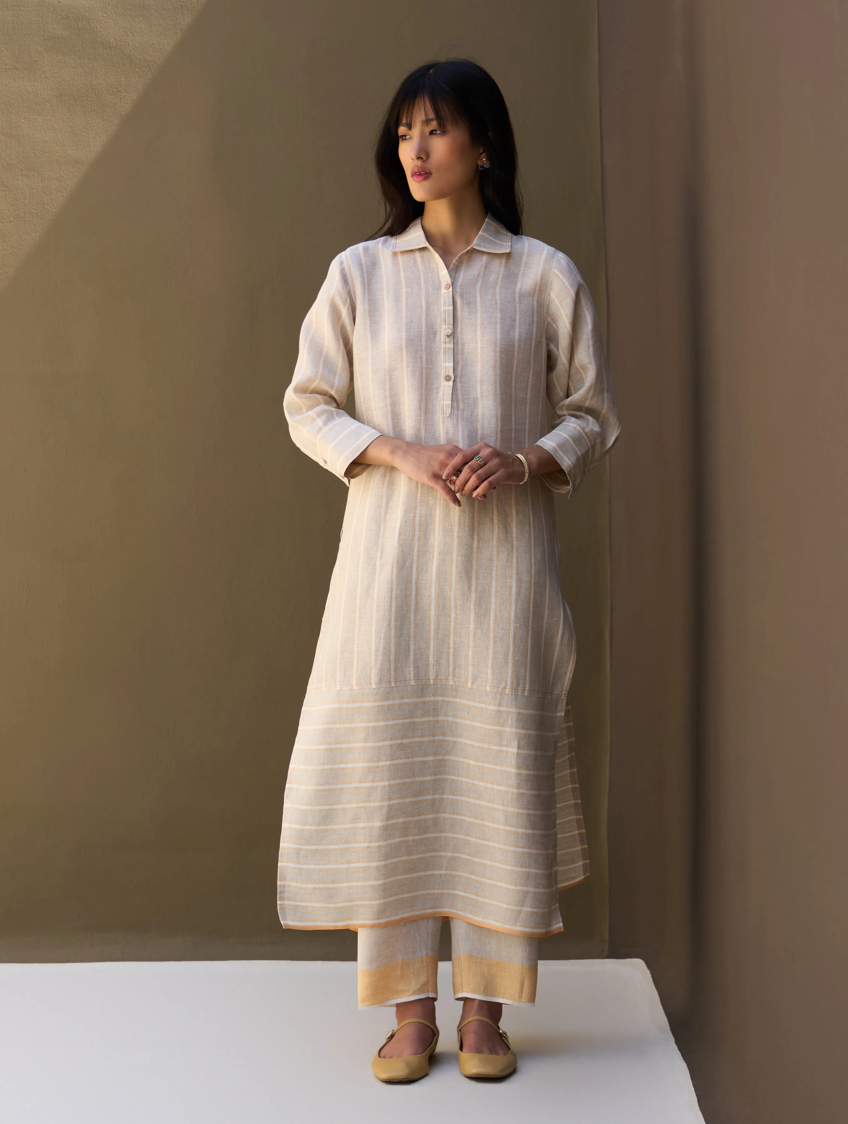 Eben Stripe Linen Shirt Kurta - Natural