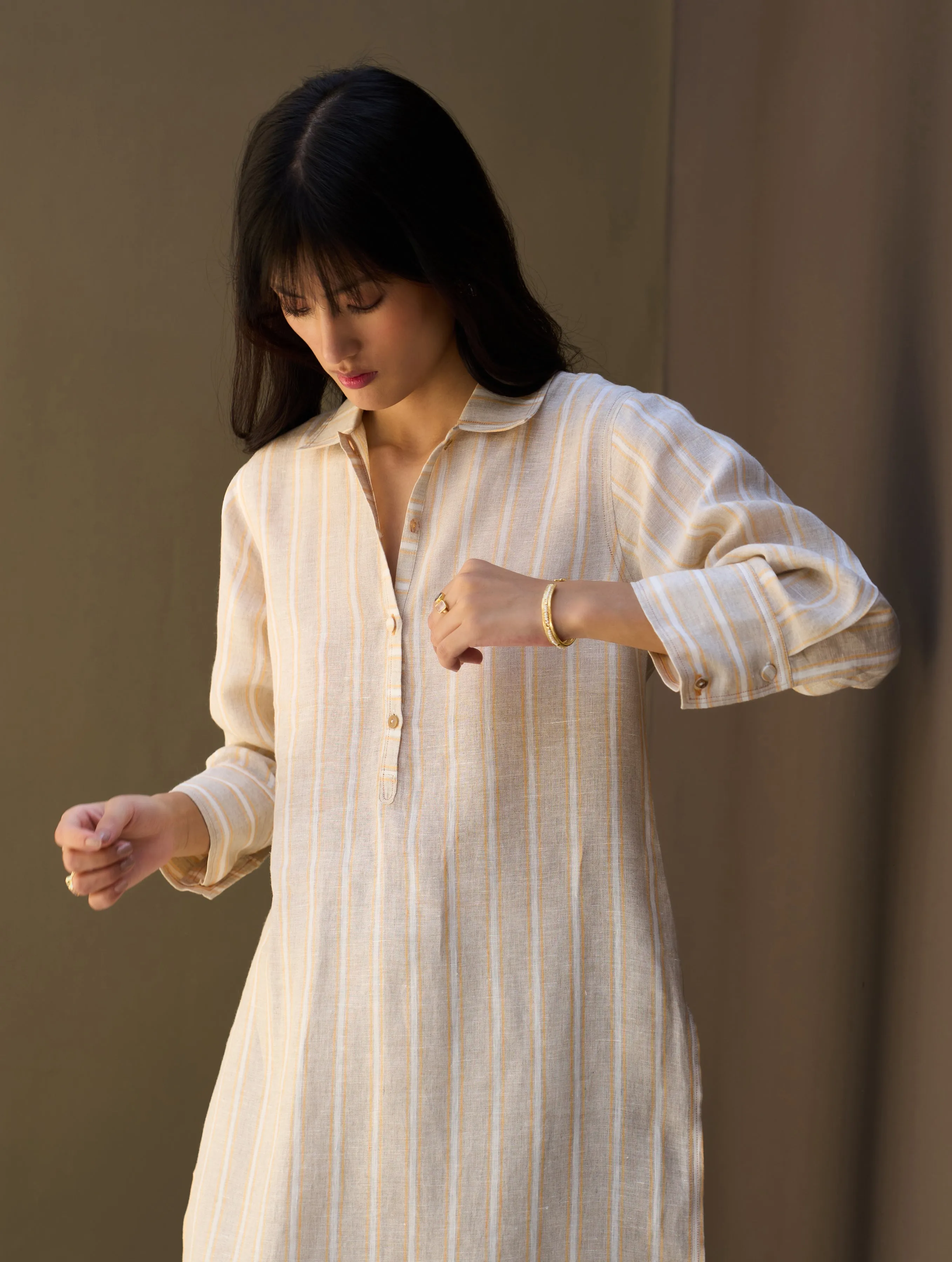 Eben Stripe Linen Shirt Kurta - Natural