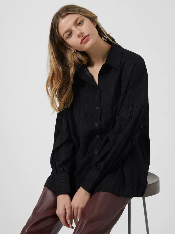 French Connection Elkaa Crinkle Suedette Popover Shirt-Black-72TBL