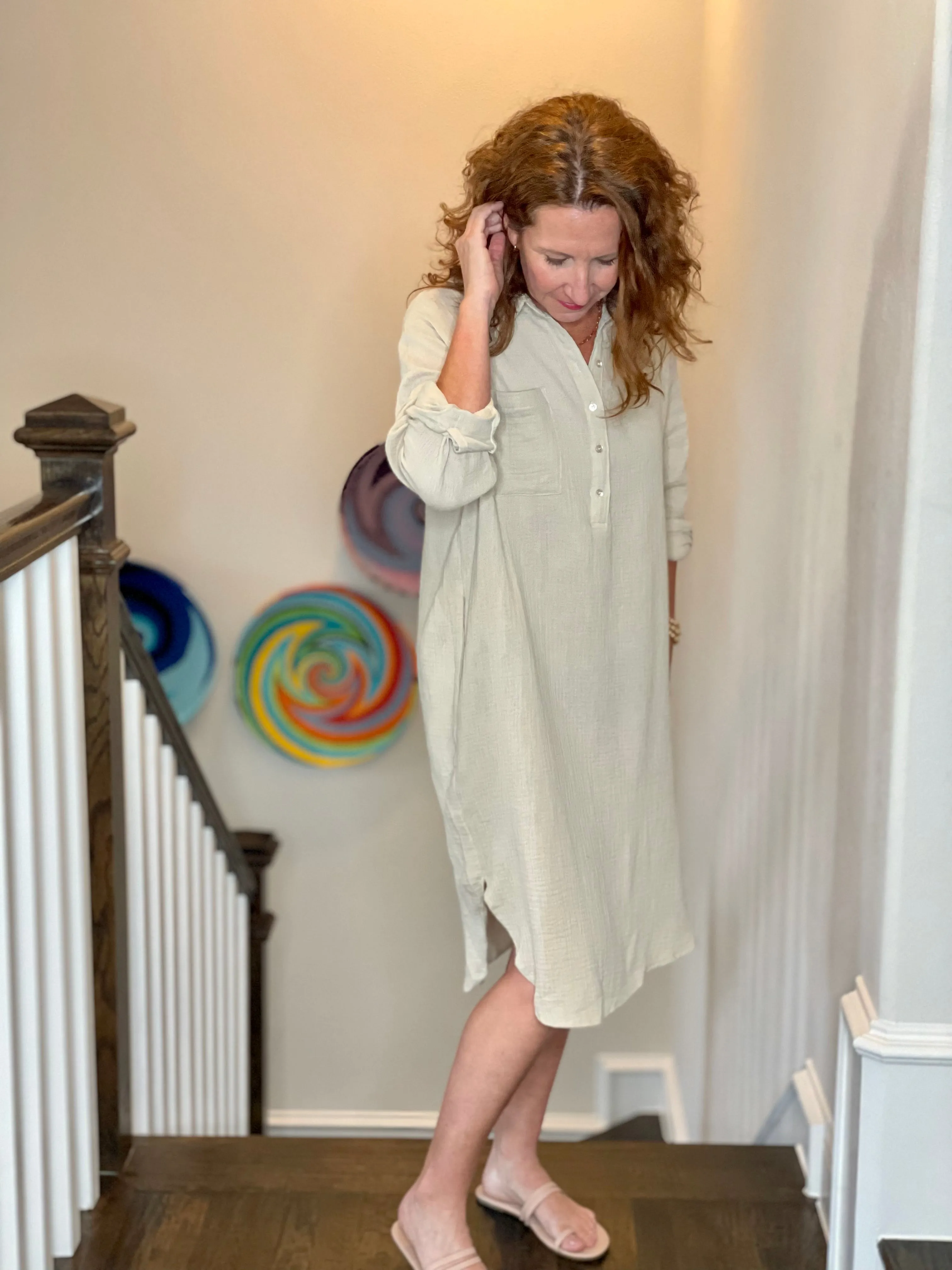 Gauze Button Up Shirt Dress in Sand