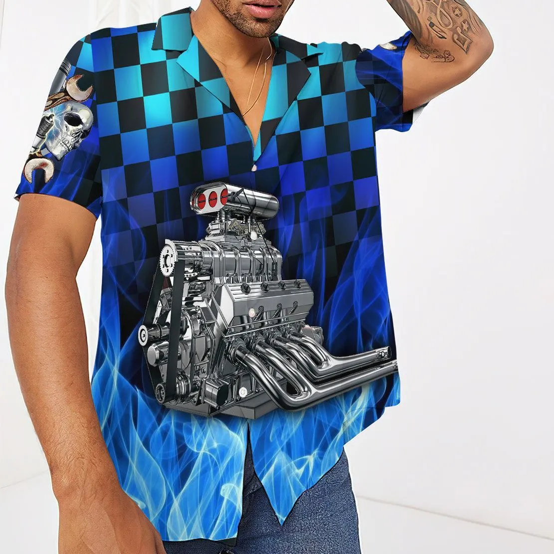 Gearhuman 3D Blue Fire Hot Rod Hawaii Shirt