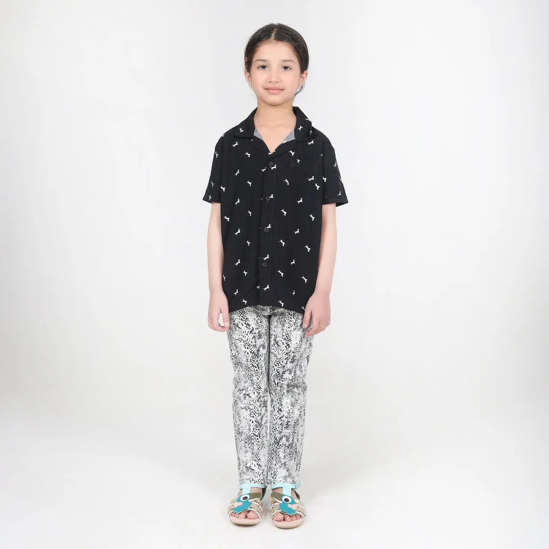 Girls Black Lilen Printed Shirt