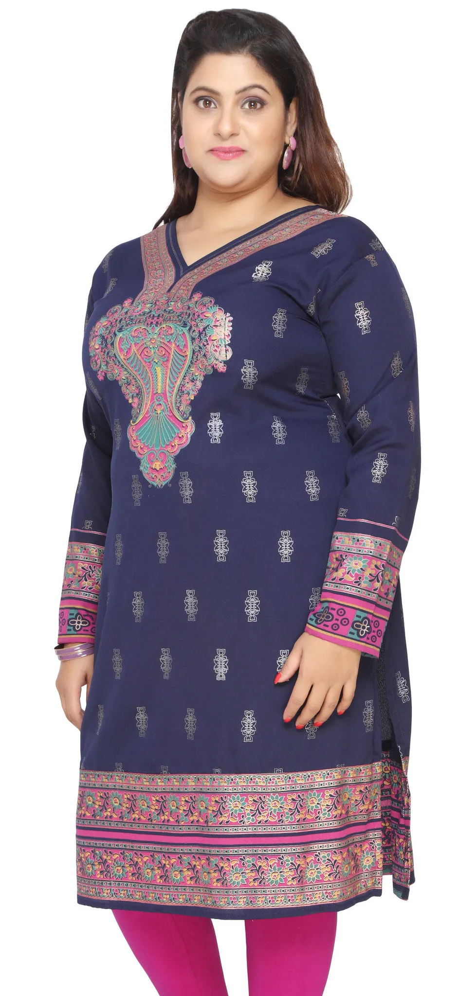 India Tunic Long Top Kurti Womens Plus Size Indian Clothes (Blue)