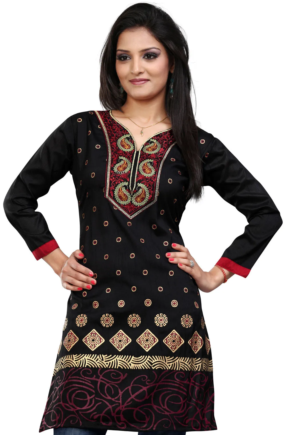 India Tunic Top Kurti Womens Long Embroidered Blouse Indian Apparel (Black)