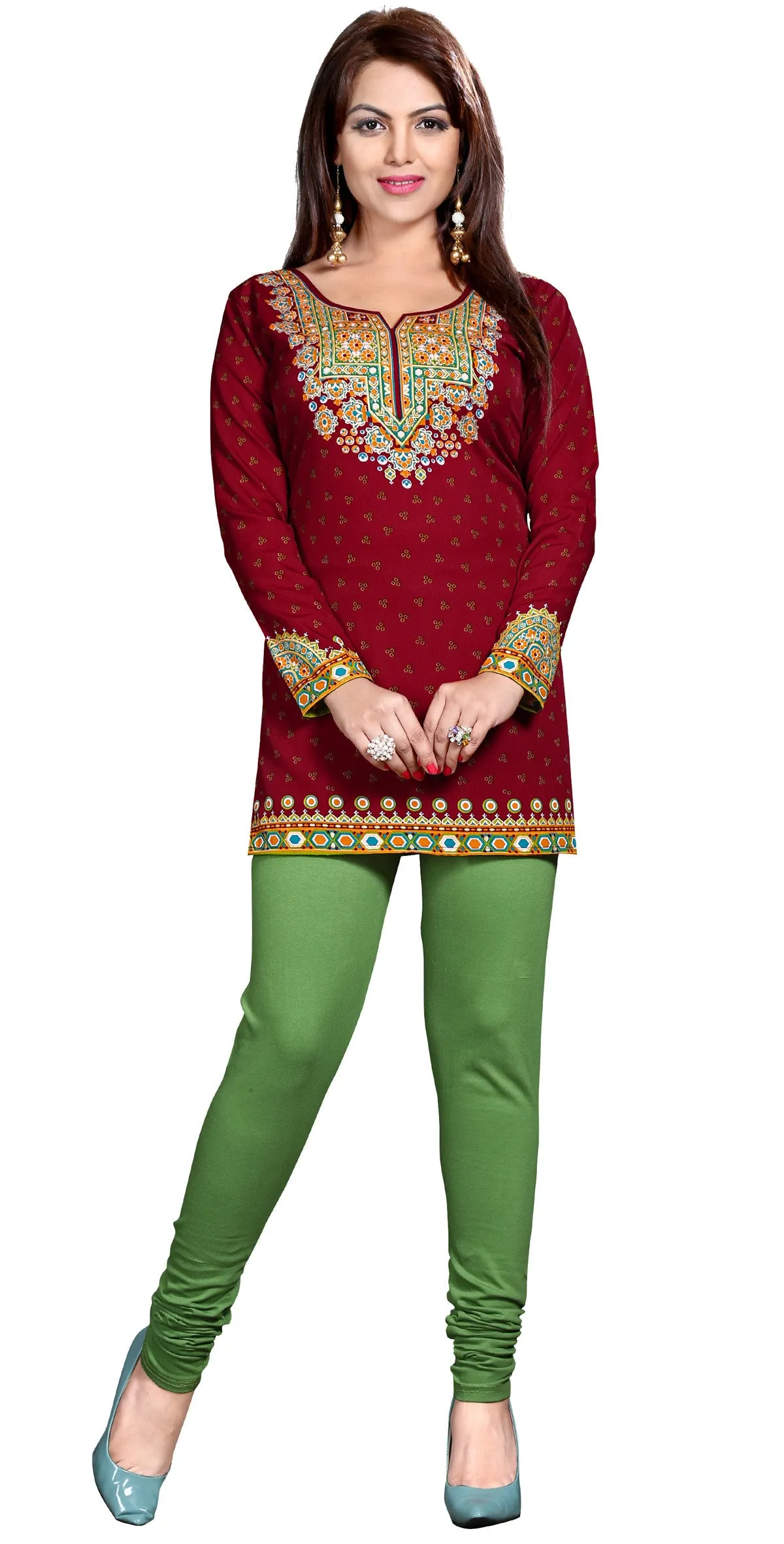 India Tunic Top Kurti Womens Printed Blouse Indian Apparel (Maroon)