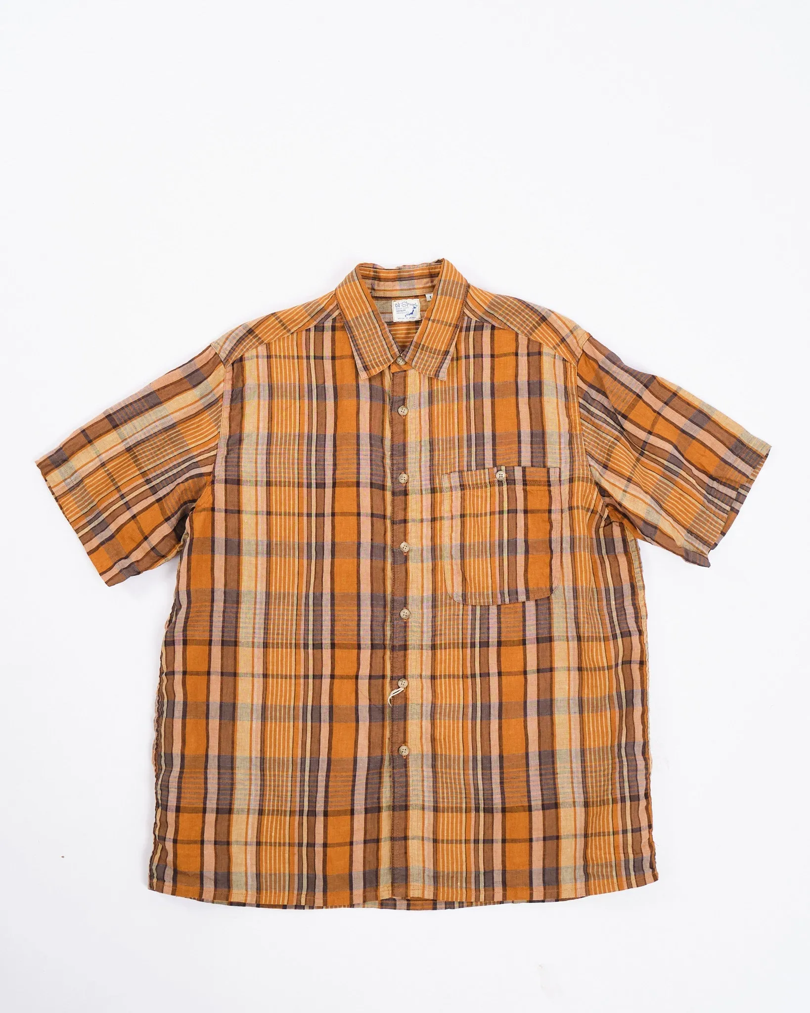 LINEN LOOSE FIT SHORT SLEEVE SHIRT ORANGE CHECK