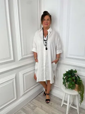 Linen Shirt Dress - White