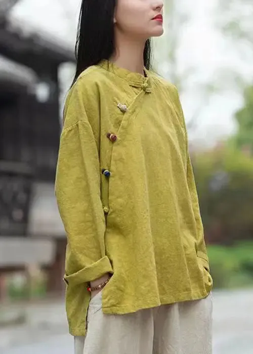 Loose Yellow Button Low High Design Linen Shirt Long Sleeve CG1044