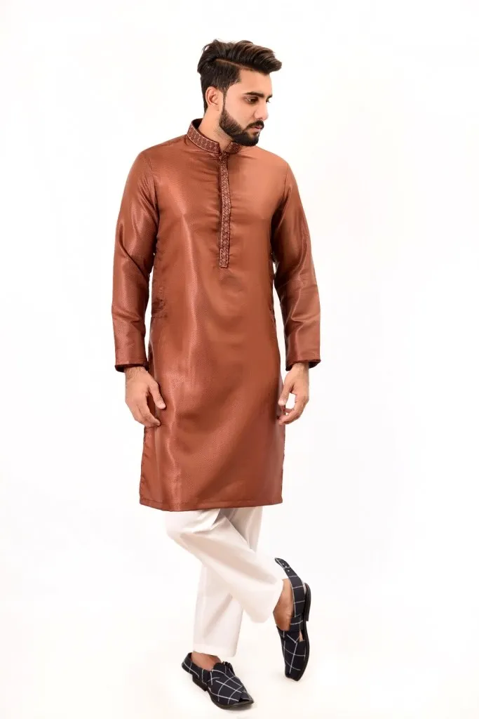 Men Embroidery Design Kurta Brown