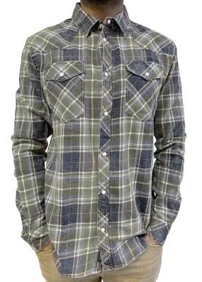 MEN’S ACID WASHED INDIGO PLAID SHIRT IN OLIVE