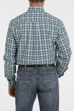 MEN'S PLAID BUTTON-DOWN WESTERN SHIRT - TURQUOISE / WHITE