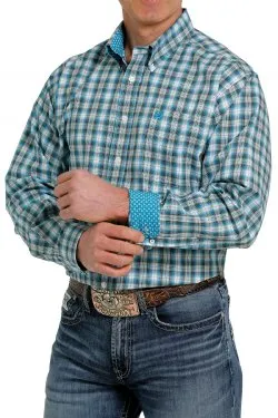 MEN'S PLAID BUTTON-DOWN WESTERN SHIRT - TURQUOISE / WHITE