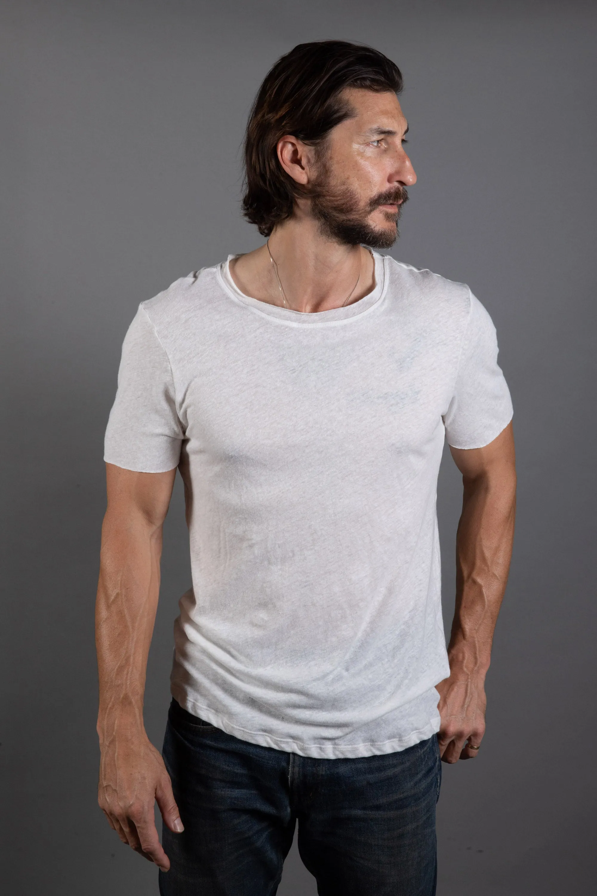 Men's Wallace Raw Neck Cotton Linen Crew Tee